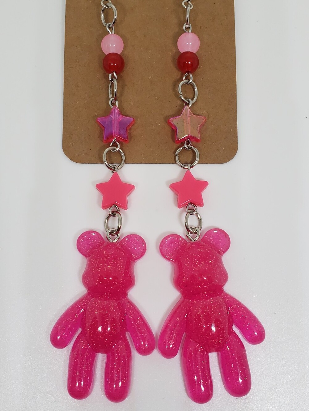 Handmade Beaded Neon Pink Glitter Teddy Bear Earrings